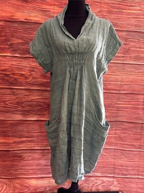 Meo Meli Relaxed Green Linen Tunic Dress with Pockets | Medium